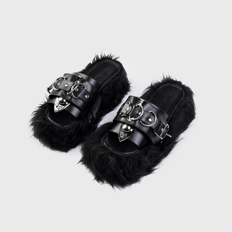 

Крутые тапочки для улицы женские 2025 лето европейский и американский металлический панк-стиль субкультура Мао Мао драг ретро толстая подошва тапочки на перемычке 40 чёрный