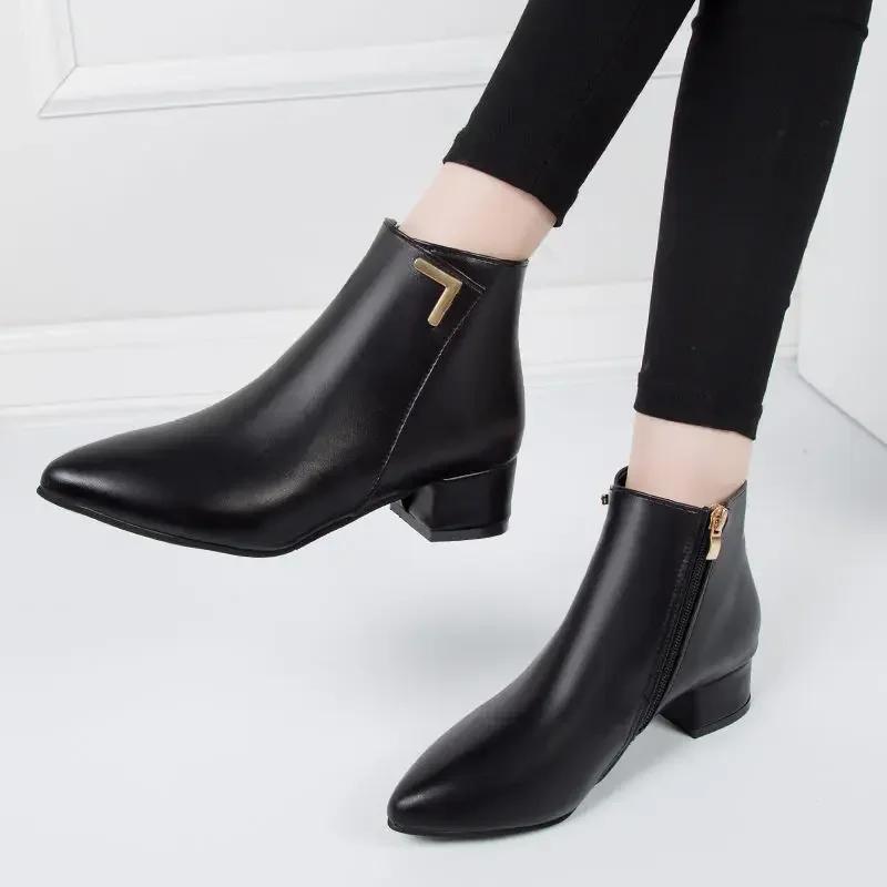 Fashion Women Boots Casual Leather Low High Heels Spring Shoes Woman Pointed Toe Rubber Ankle Boots Black Red Zapatos Mujer785