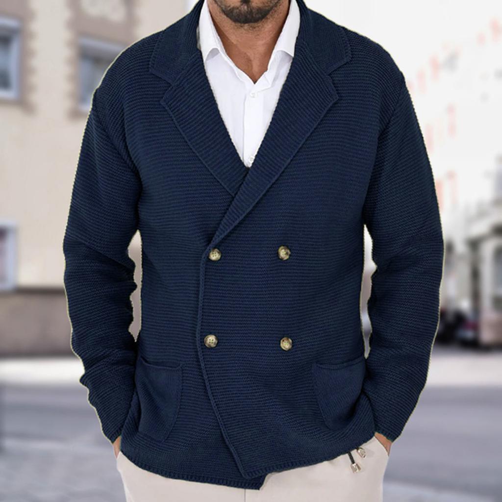 Men's Solid-Color Knitted Cardigan, Slim-Fit Cuban Collar, Turn-Up Collar, Double-Breasted Sweater