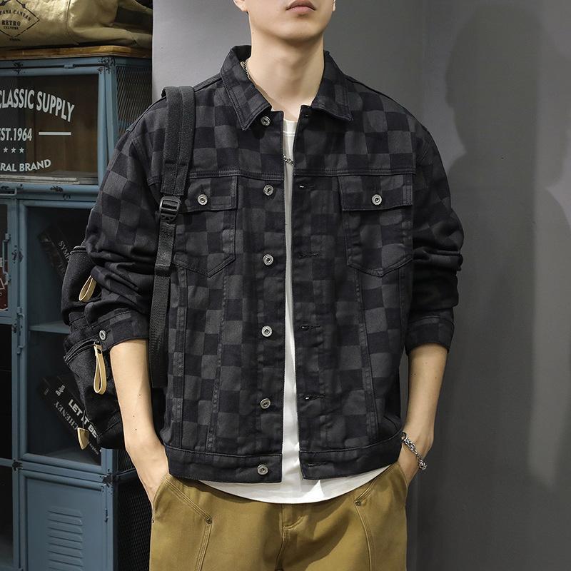 Modna Markowa Kurtka Jeansowa w Kratę Retro Męska Luźna Duży Rozmiar Amerykańska Kurtka Robocza High-Endowy Denim