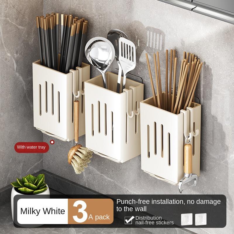 Punch-Free Basket Chopsticks Holder Kitchen Rack Wall-Mounted Household Spoon Chopsticks Cage Chopsticks Storage Box Drain Hanger