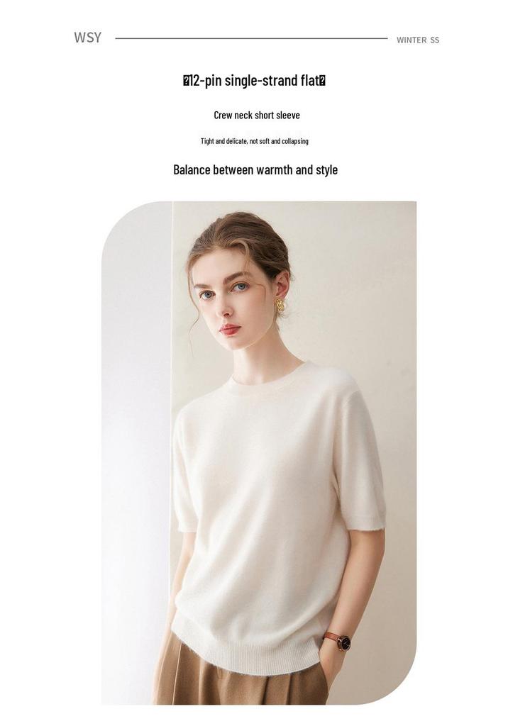 Women's 100% Pure Cashmere Short Sleeve Round Neck Sweater - Spring/Autumn Collection