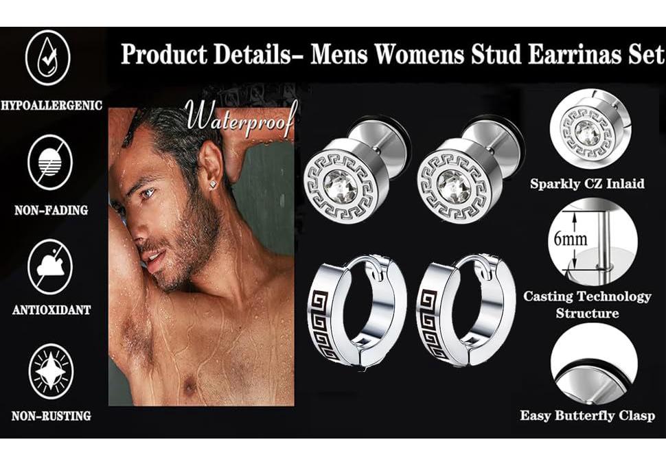 Black Stainless Steel Cross Hoop Earring Set for Men - High-End Electroplated Fashion Jewelry Studs