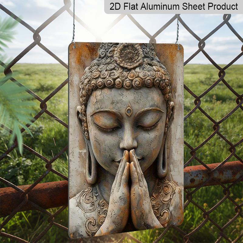 2D Flat 1pc, Golden Leaf Buddha Retro Aluminium Wall Decor Poster, Suitable for Home and Garden Decoration, Perfect Room Decor, Ideal for Use During