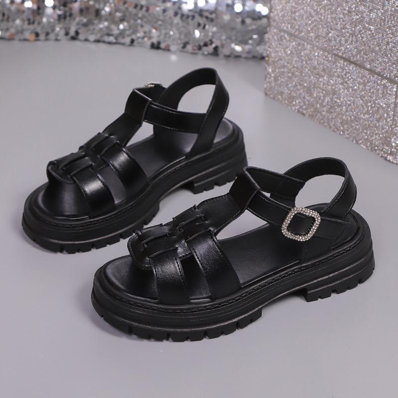 

Мода 2025 Элегантные и удобные женские сандалии Женские сандалии на толстой подошве с вырезами Кожаные туфли с пряжкой высокого качества Женские 42 чёрный