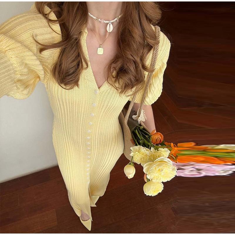 Damen Strickkleider mit Puffärmeln, einreihig geknöpft, lang, frisch, einfarbig, schlankmachend, Sommerneu, eleganter Damenstrickstil