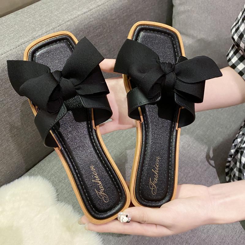 Trendy Square Toe Bowknot Low Heel Outdoor Women's Summer Slippers with Non-Slip Soft Sole