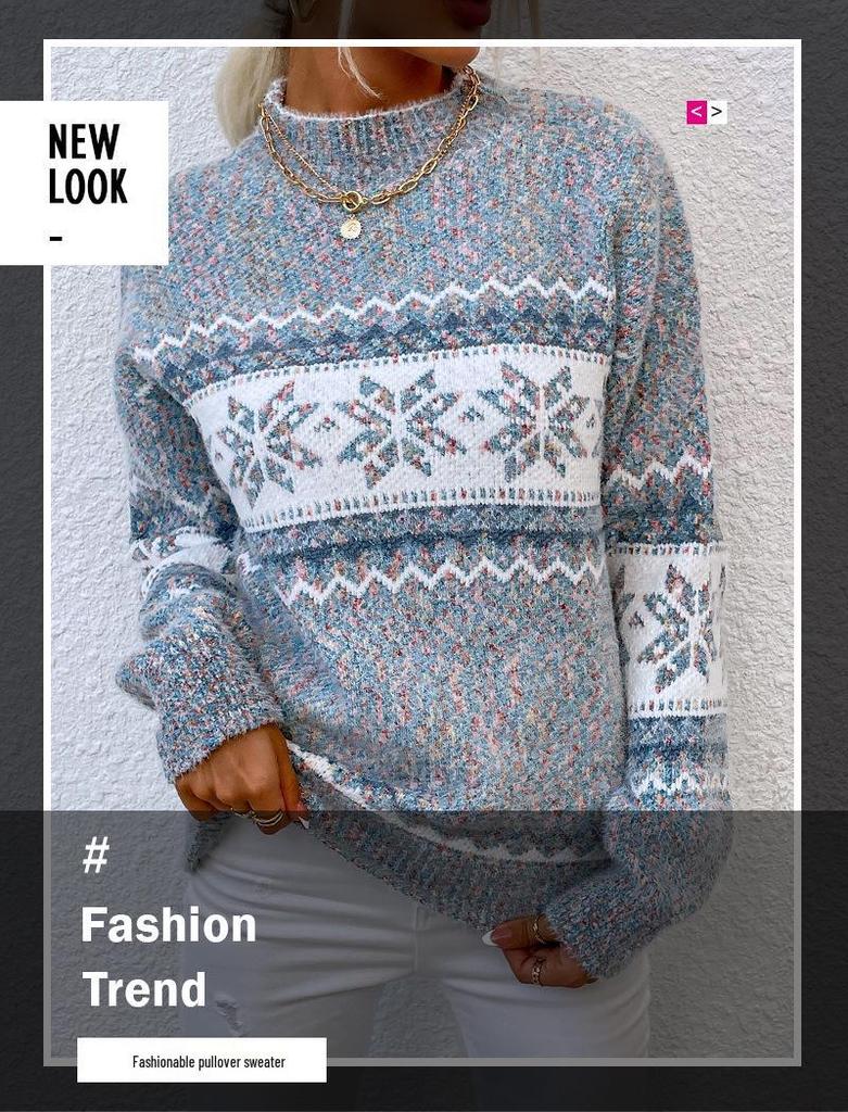 Women's Autumn/Winter Snowflake Pullover Sweater with Semi-High Neck