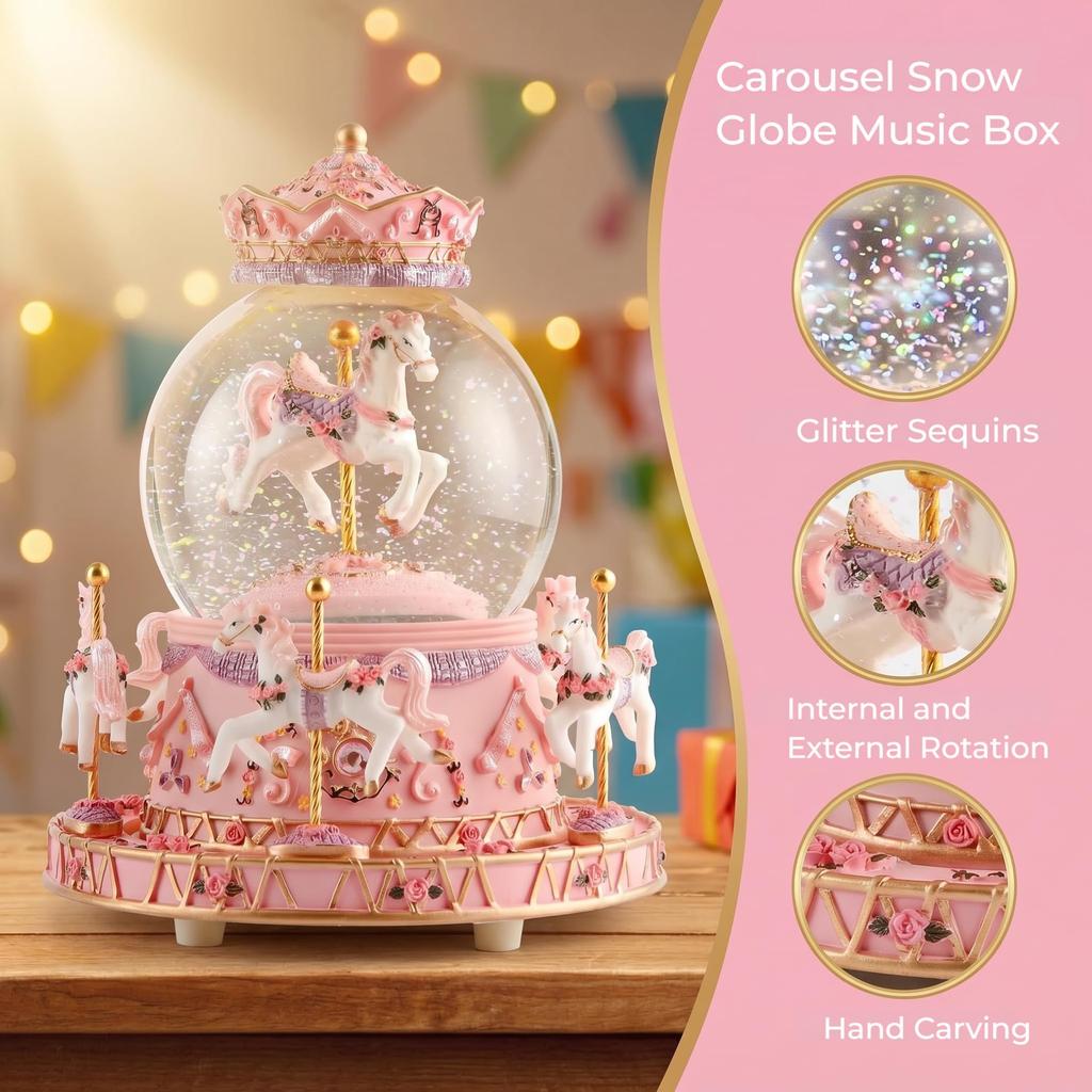 Snow globe music box with colored LED lights, merry-go-round, crystal ball, and automatic snowfall. Popular as a birthday or Christmas gift for girls,