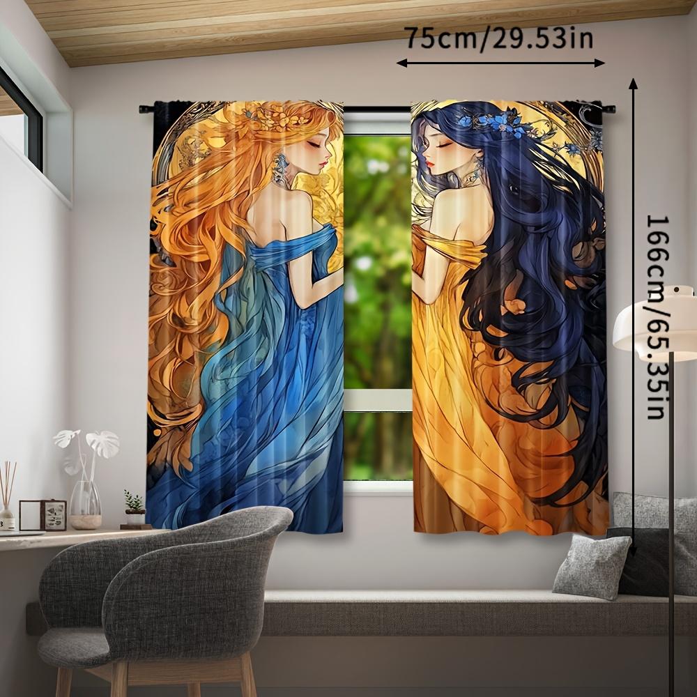 2pcs   Sun And Moon Printed Curtain for Home Decor Rod Pocket Window for Bedroom   Office   Kitchen   Living Room   And Study