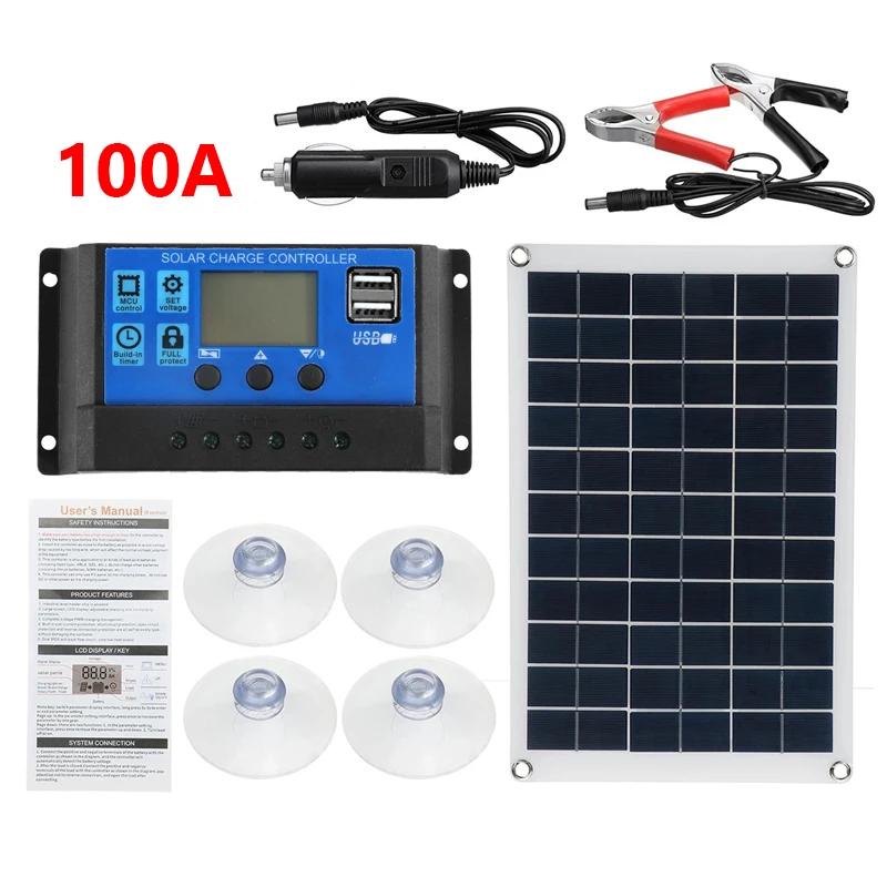 18V Solar Panel 100W With Dual USB Waterproof Outdoor Hiking Camping Portable Battery Mobile Phone Charging Bank Charger Panel