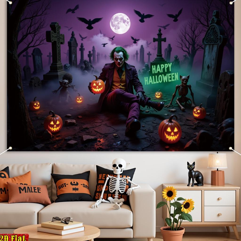 2D flat 1pc Halloween polyester background - Clown in the cemetery scene suitable for Halloween decoration