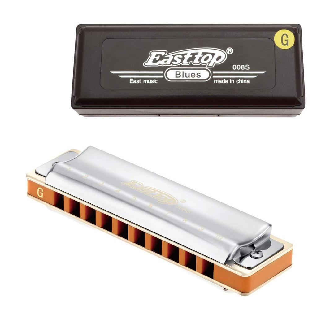 East top Mundharmonika Blues Mundharmonika 10 Loch Mundharmonika G Ton 10 Löcher 20 Töne Messingabdeckung Canvas Etui Reinigungstuch Professionelle diatonische Mundharmonika