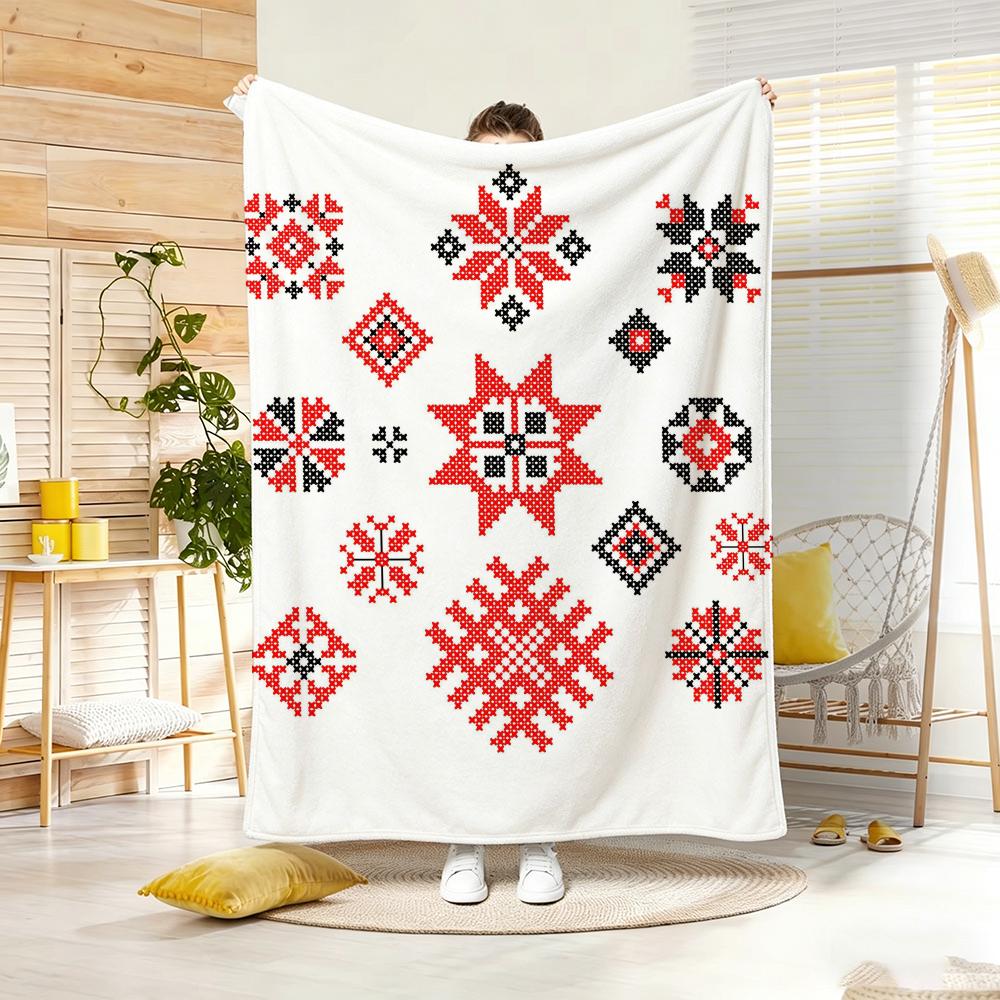 Slavic Traditional Throw Blanket Ethnic Cross Stitch Geometric Pattern Couch Sofa Soft Bedding Quilt Boho Vintage Room Decor