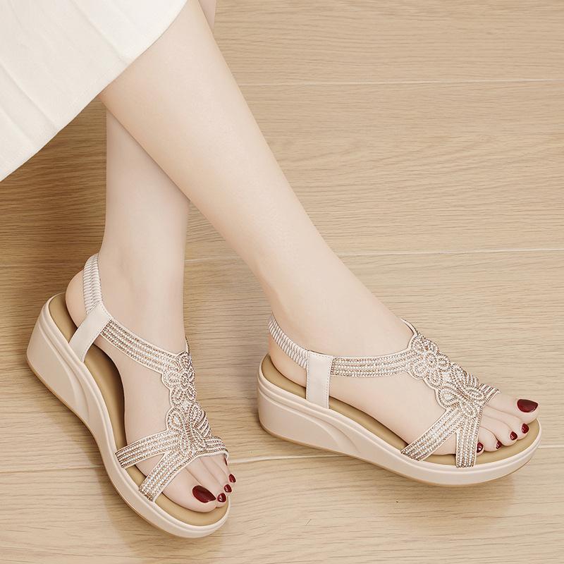 Wedge heel sandals women's rhinestones summer new versatile outer wear Roman style soft sole mid-heel thick-soled muffin shoes