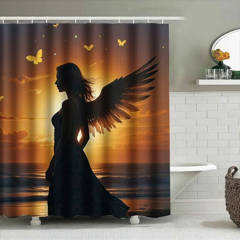 Angel Silhouette At Sunset Waterproof Shower Curtain