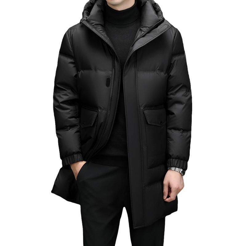 Men'S High-End 90 White Duck Down Medium And Long Hooded Down Jacket Winter Matte Matte Fabric Long Version