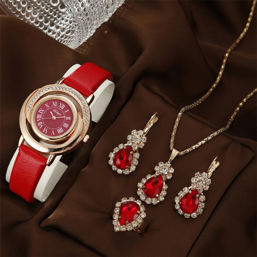 Women Quartz Watch Ring Necklace Earring Rhinestone Wristwatch Watches