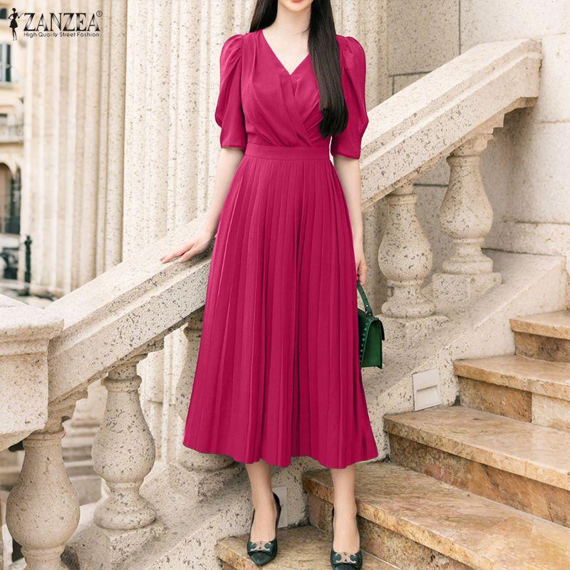 ZANZEA Women Casual V-Neck Summer Half Sleeve Long Dress