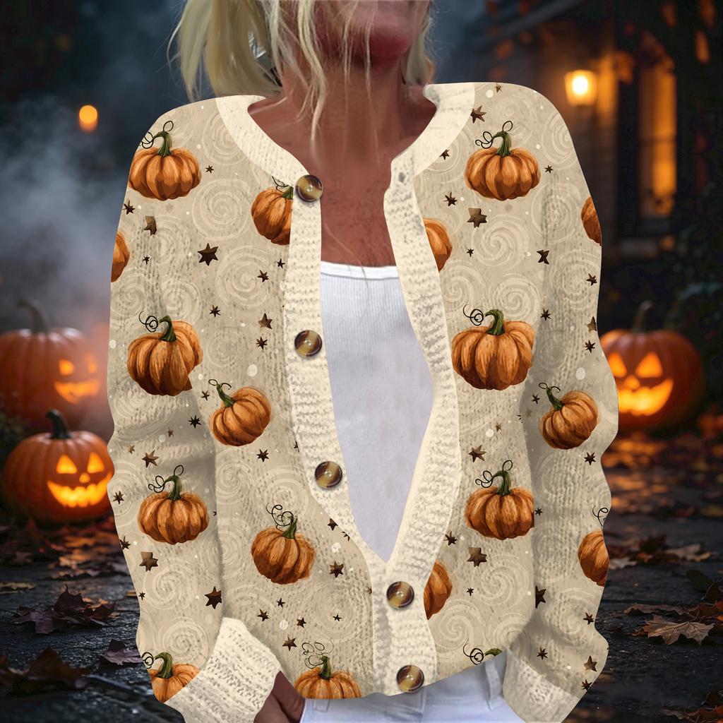 Women's Halloween Print Long Sleeve Knit Button Front Cardigan