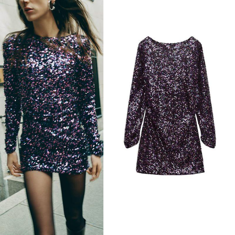 Za Autumn New Arrival Long Sleeves round Neck Sheath Stylish Slim-Fit Dress Sequin Mini Dress 8741273