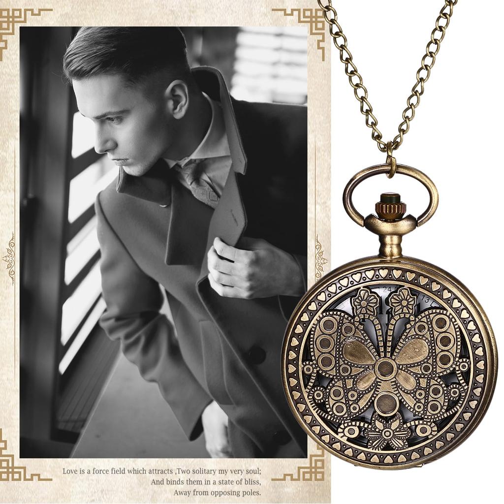Pocket Watch Antique Butterfly Skeleton Analog Display Waterproof With Cover Pendant Necklace Chain Bronze Retro Fashion Accessory - Birthday