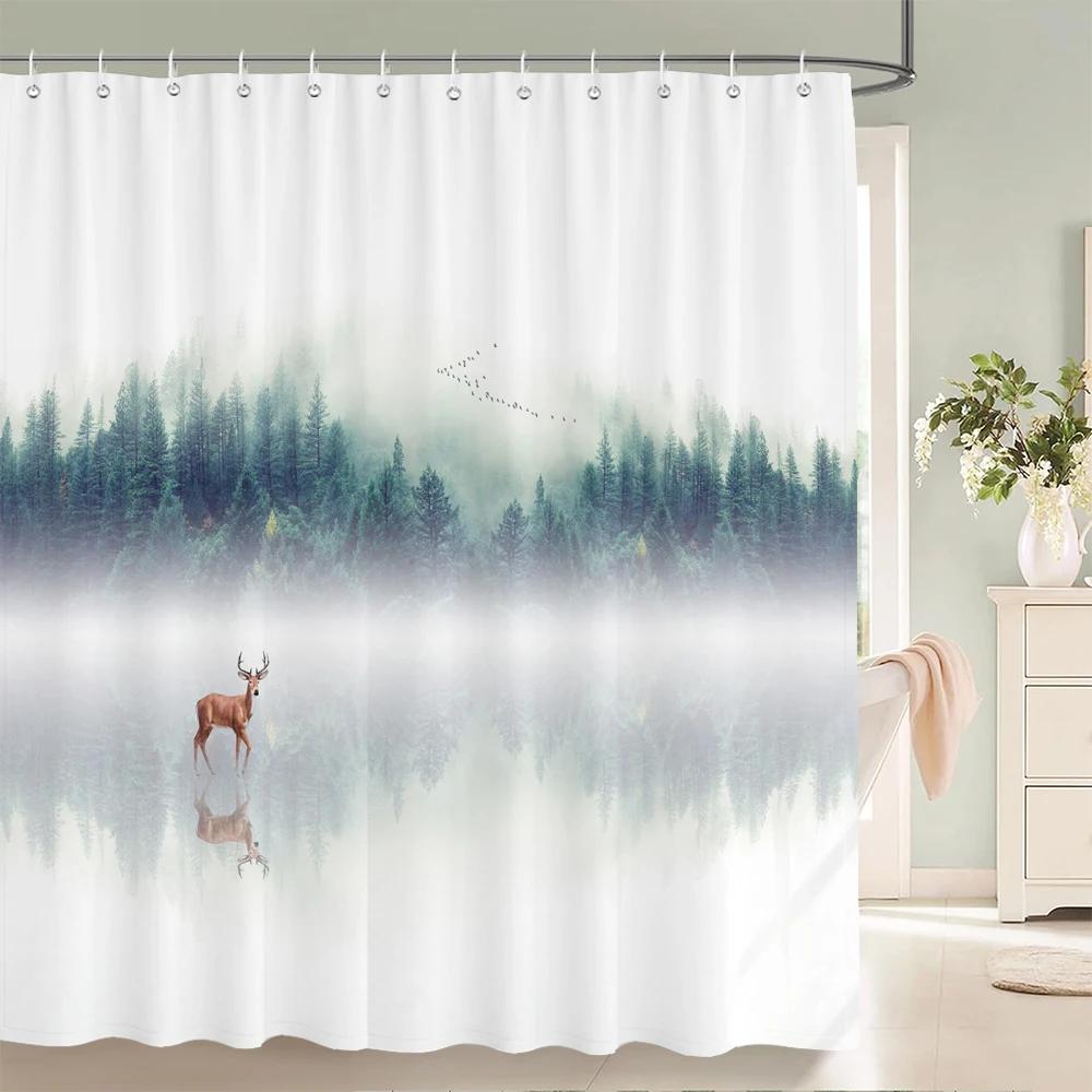 Forest Elk Deer Shower Curtain Trees Landscape Bathroom Decor Curtains Polyester Fabric Waterproof Bath Curtain With Hooks