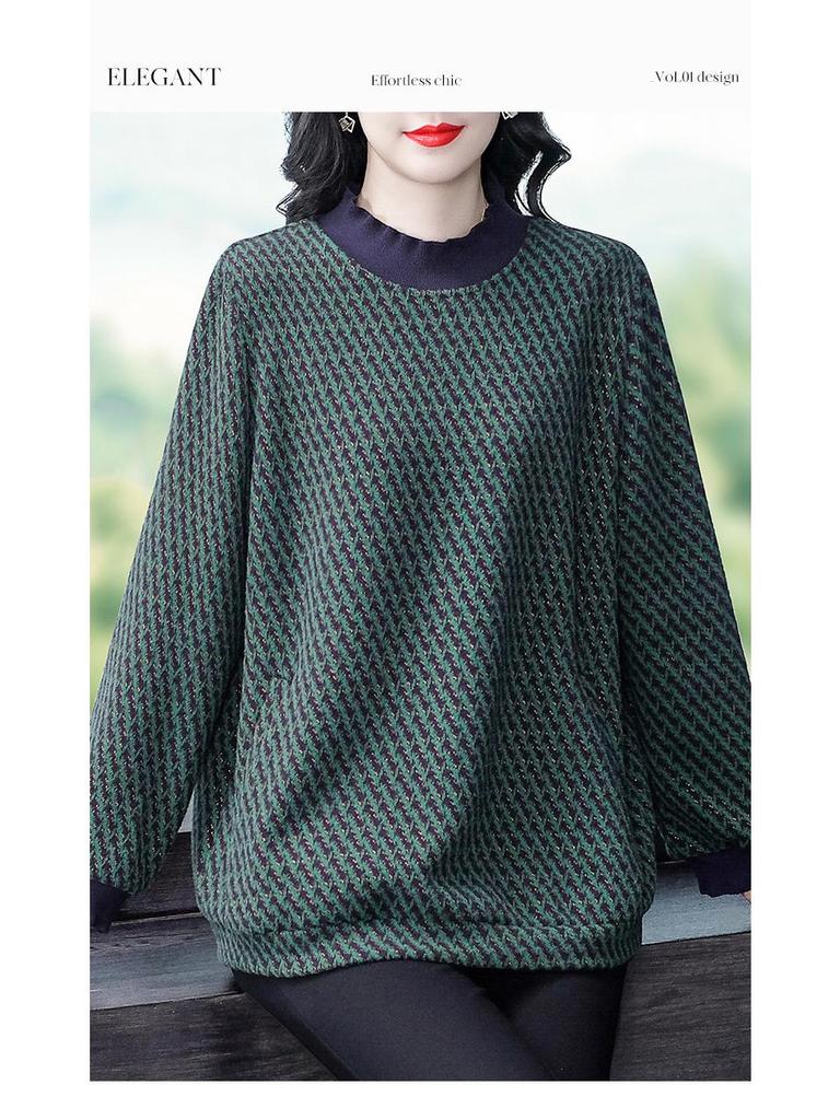 Plus Size Loose Jacquard T-Shirt Sweatshirt for 40-Year-Old Women - Warm, Versatile & Light