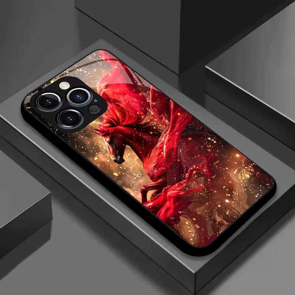 Year of the Horse limited tempered glass mobile phone case suitable for iPhone 17/16/15/14/13/12 Pro Max,all-inclusive anti-fall