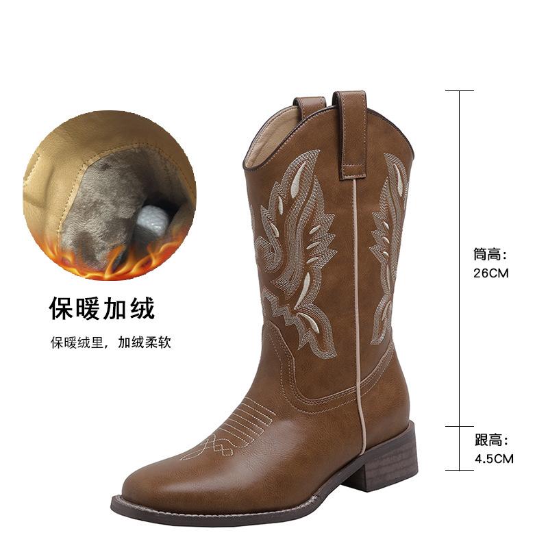 Leather western cowboy boots women's new summer embroidered knight boots Chelsea Martin boots medium tube Maillard boots