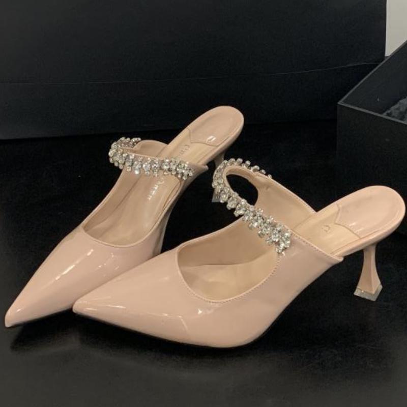 Fashion Luxury Rhinestone Pointed Toe High Heel Shoes for Woman Summer Patent Leather Thin Heels Mule Shoes Fashion Elegant Dress Shoes