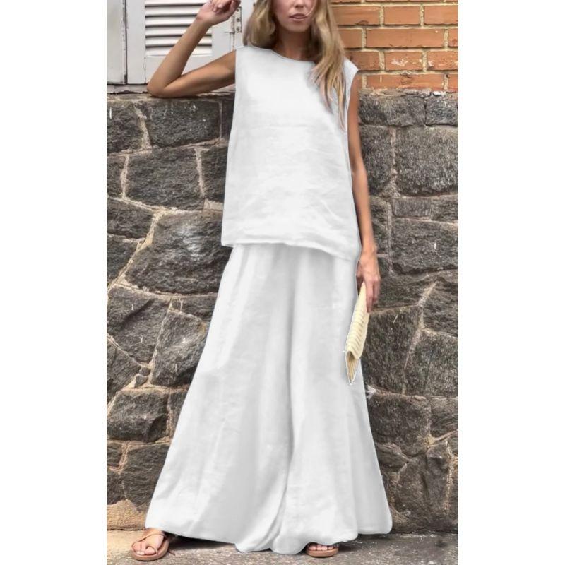 

Retro Casual European and American Plus size set Loose Solid Sleeve Length Pants Wide Leg Pants Lazy Two-piece Set White XL