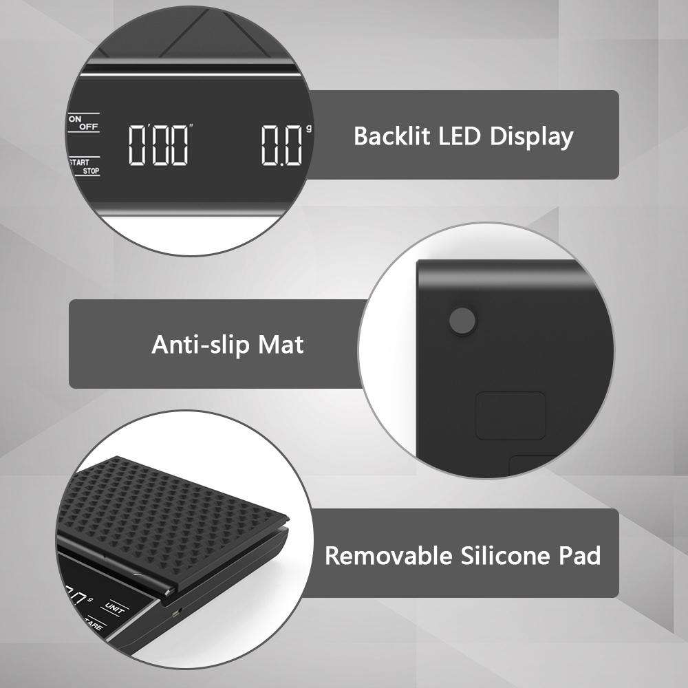 Kávová váha s časovačem Digitální kuchyňská váha LED displej Funkce tárování 3000 g/ 0,1 g Přenosný