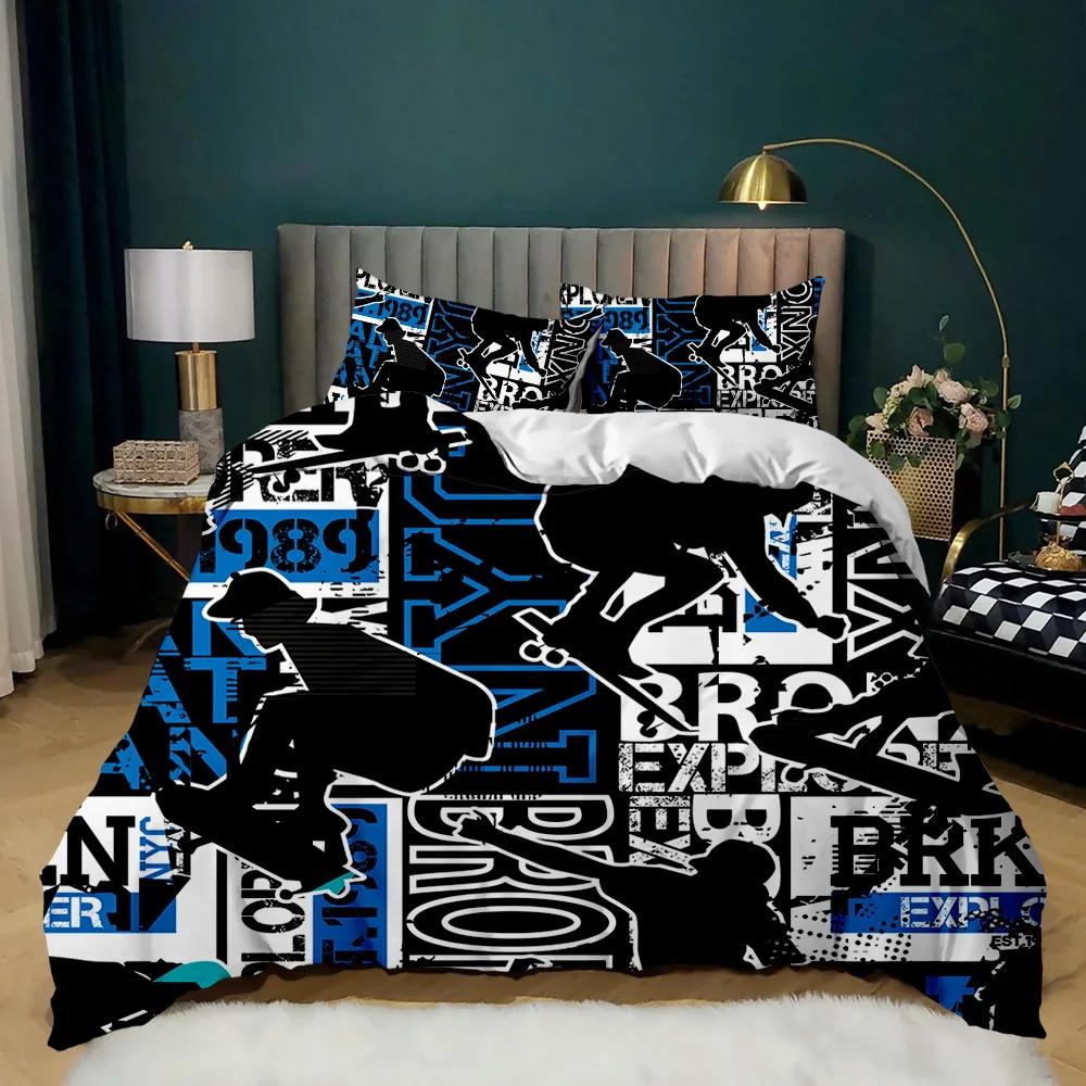 Skateboard Duvet Cover Set Hip Hop Style Bedding Set Colorful Rainbow Tie-Dye Hippie Abstract Graffiti Art Polyester Qulit Cover