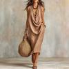Women Casual Loose Cowl Neck Sleeveless Solid Color Long Swing Vacation Dress