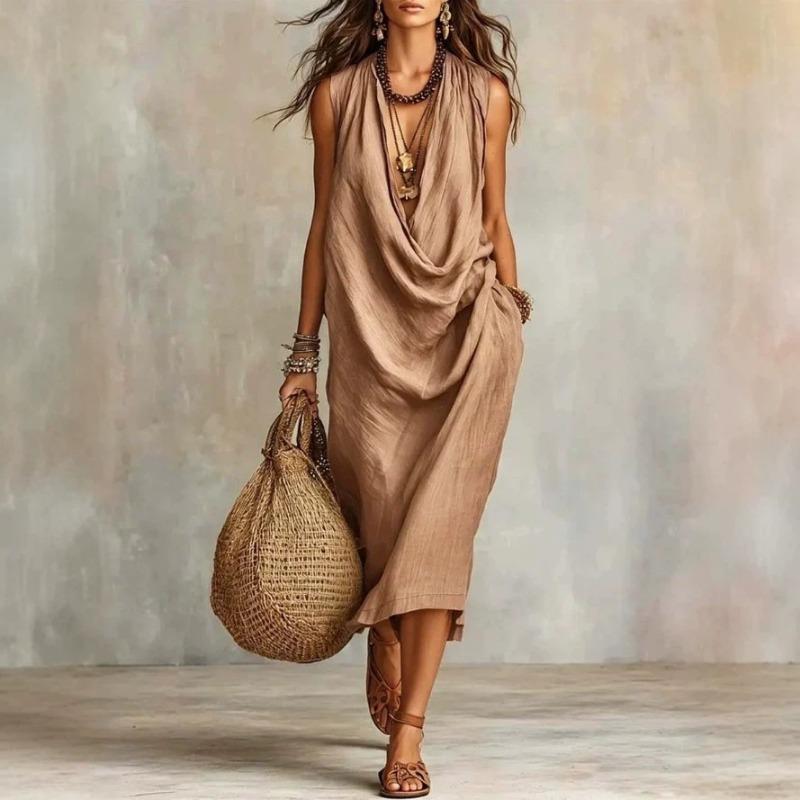 Women Casual Loose Cowl Neck Sleeveless Solid Color Long Swing Vacation Dress