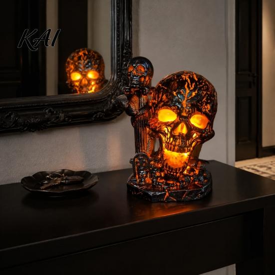 Handcrafted Resin Lamp Skull Table Lamp, Halloween Glowing Skeleton Figurine, Gothic Ambient Night Light for Mantel Shelf Party Home Decor