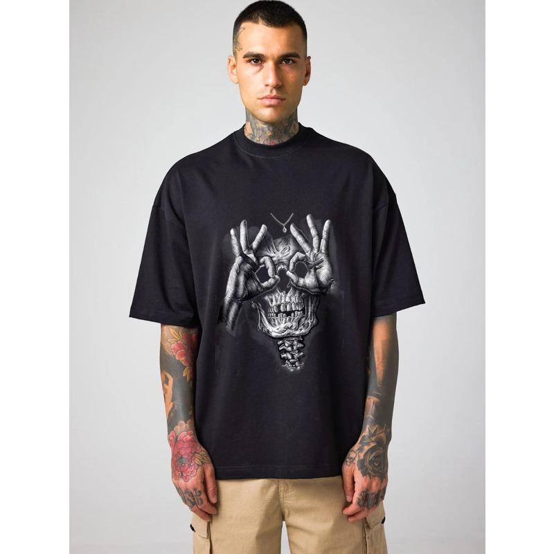 Black Oversized T Shirt Skull Hands Print Graphic Tee Men Streetwear Casual Wear Urban Fashion Statement Top