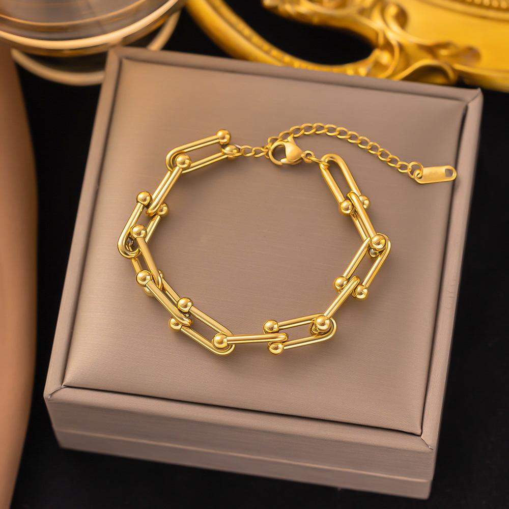 18K Gold Plated 316L Fashionable Titanium Steel Bracelets Waterproof Heart Roman Numerals Queen's Chain Link Bangles