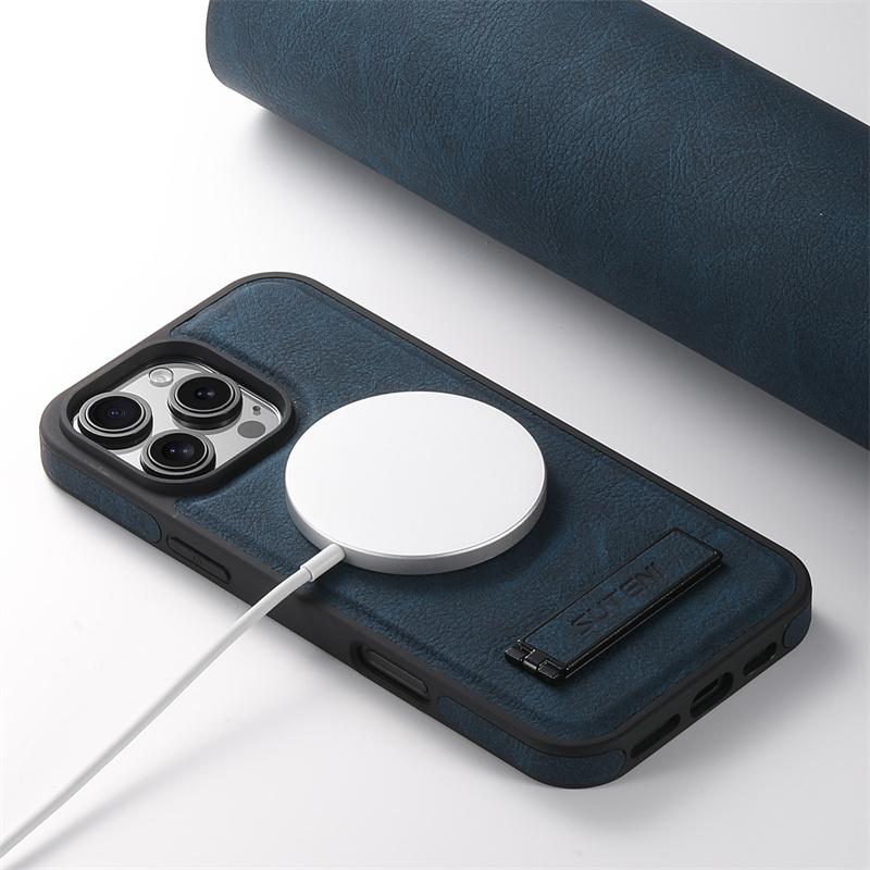 Luxury Magsafe PU Leather Phone Case For iPhone 12 13 14 15 16 Pro Max Plus 15Plus With Wireless Charging Stand Back Cover