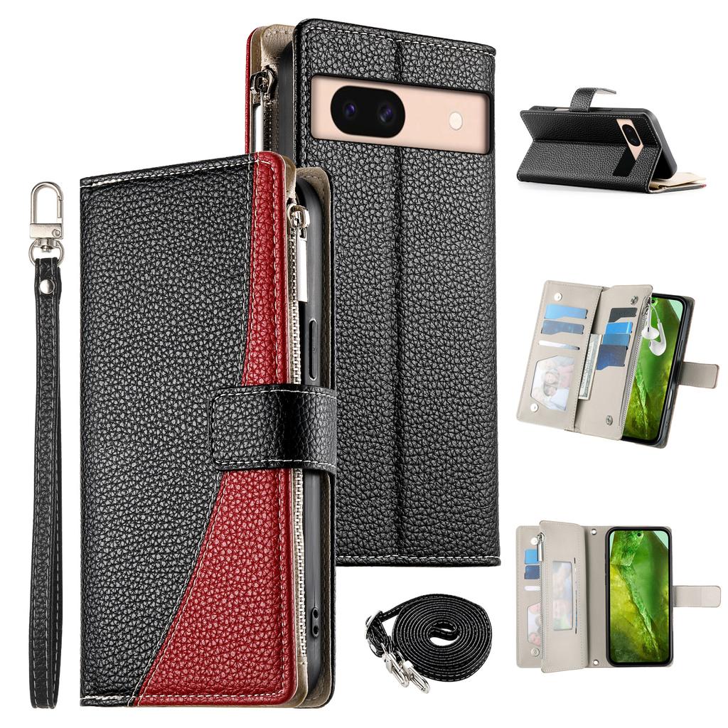 For Google Pixel 8a Case Zipper Wallet Color Splicing Leather Flip Phone Cover with Straps