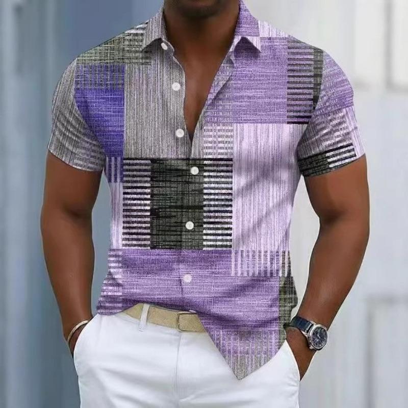 Men's Geometric Patchwork Printed Short Sleeve Button Down Shirt