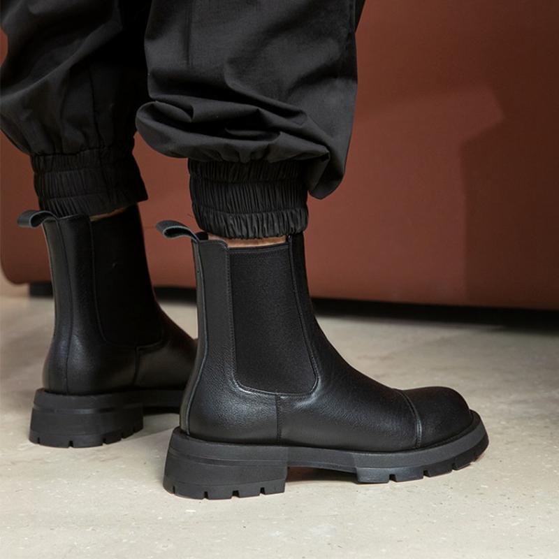 Fall /Winter Shoes Women Leather Ankle Boots Women Round Toe Thick Heel Women Shoes Solid Chelsea Boots Casual Women Boots