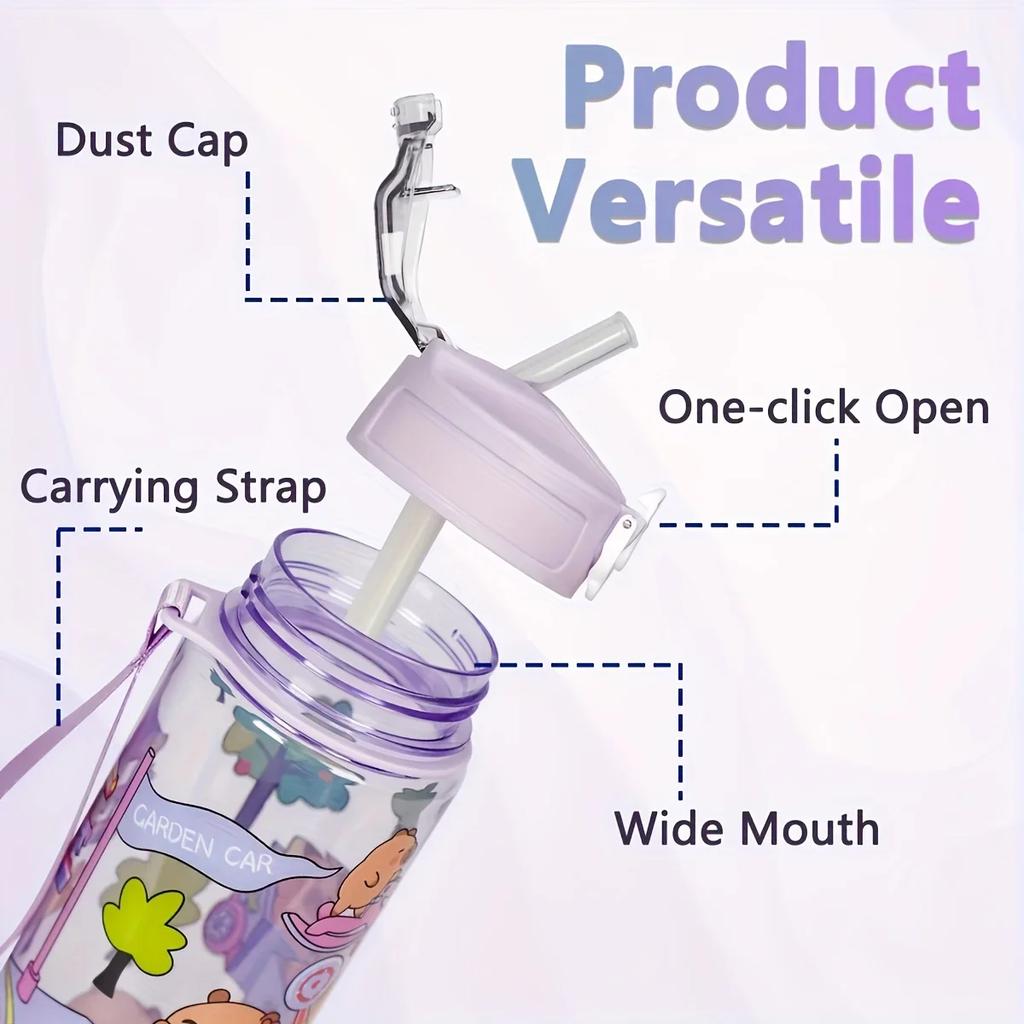 1/3/5/10PCS 750ML Capybara Straw Cup Cute Cartoon Water Bottle with Carry Strap Leakproof Portable Drinking Cup Kids Bottle
