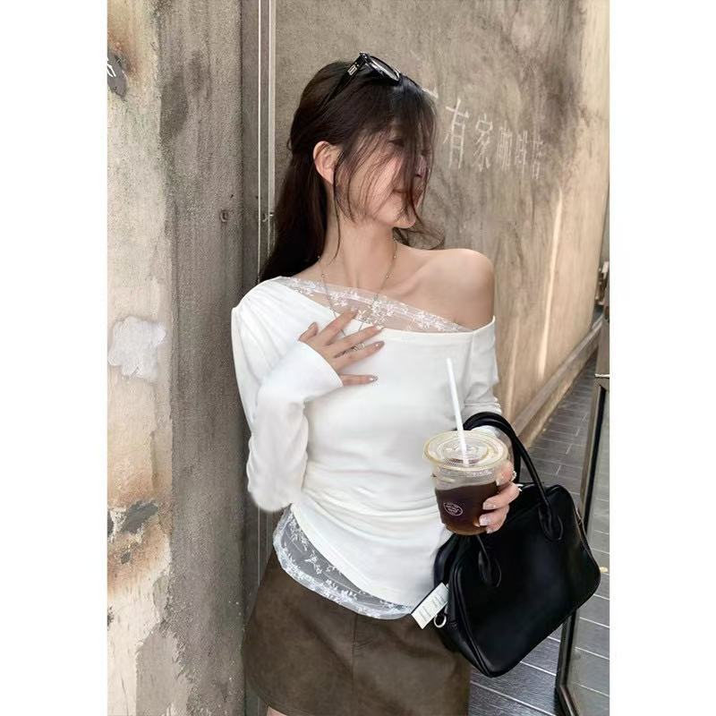 

Korean pure desire 2025 autumn new product splicing lace diagonal collar off-shoulder slim-fitting long-sleeved top XL білий