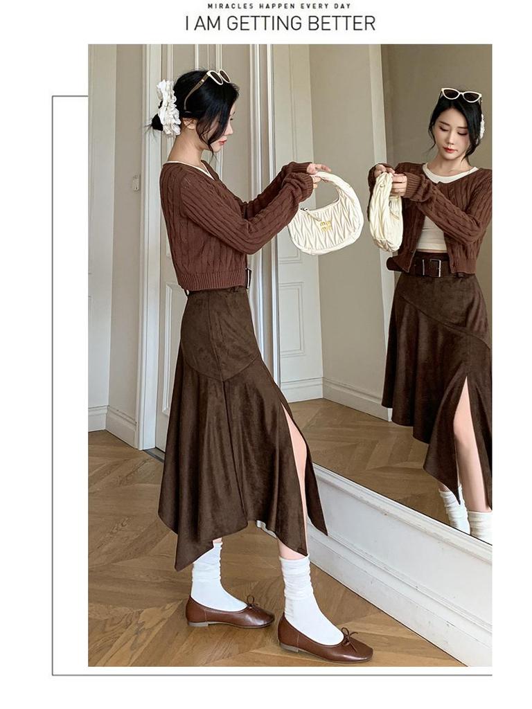 Elegant Suede Midi Skirt with Irregular Slit - Women's Autumn/Winter Fashion