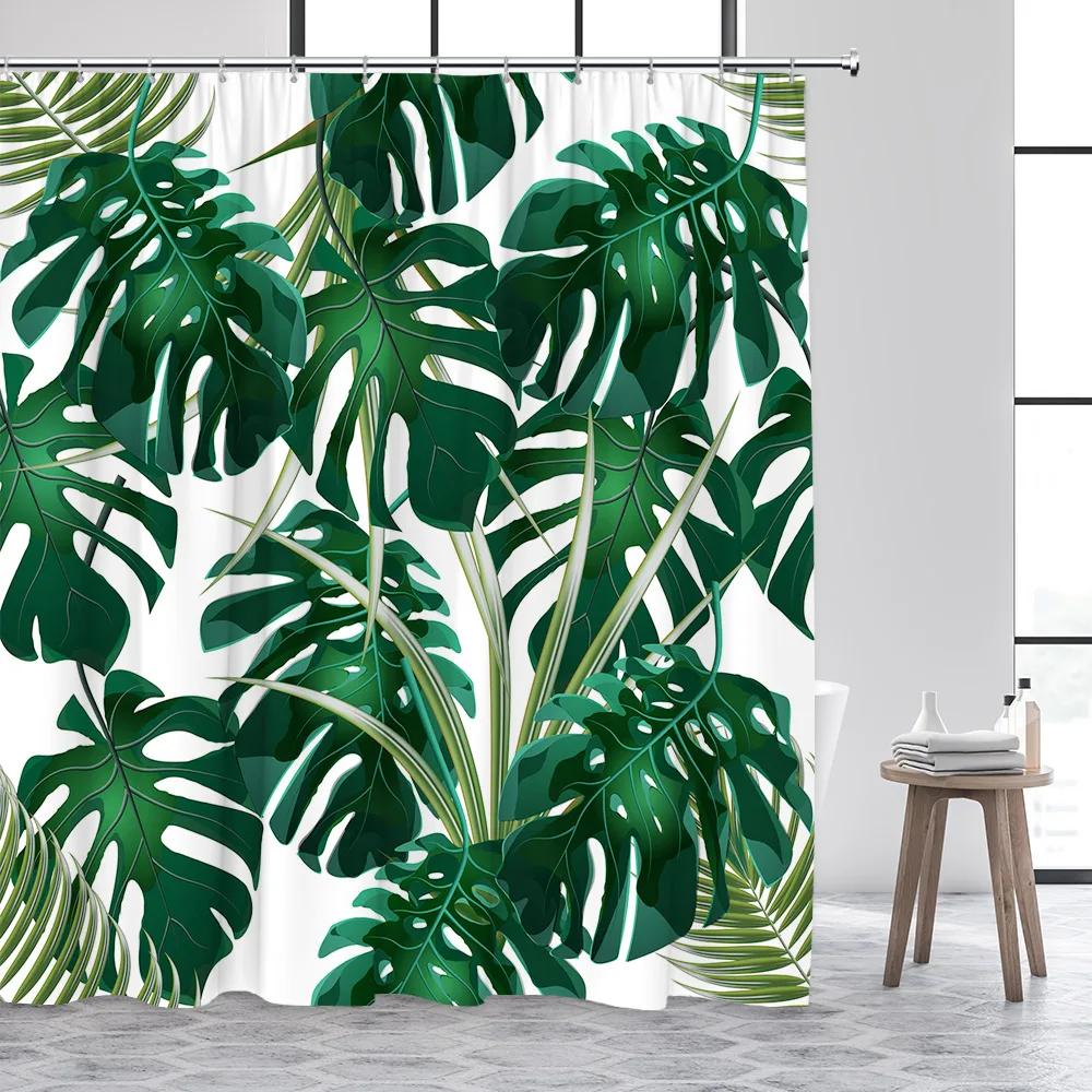 Tropical Plant Leaves Shower Curtain Hummingbird Palm Leaf Monstera Butterfly Watercolour Art Fabric Home Decor Bathroom Curta