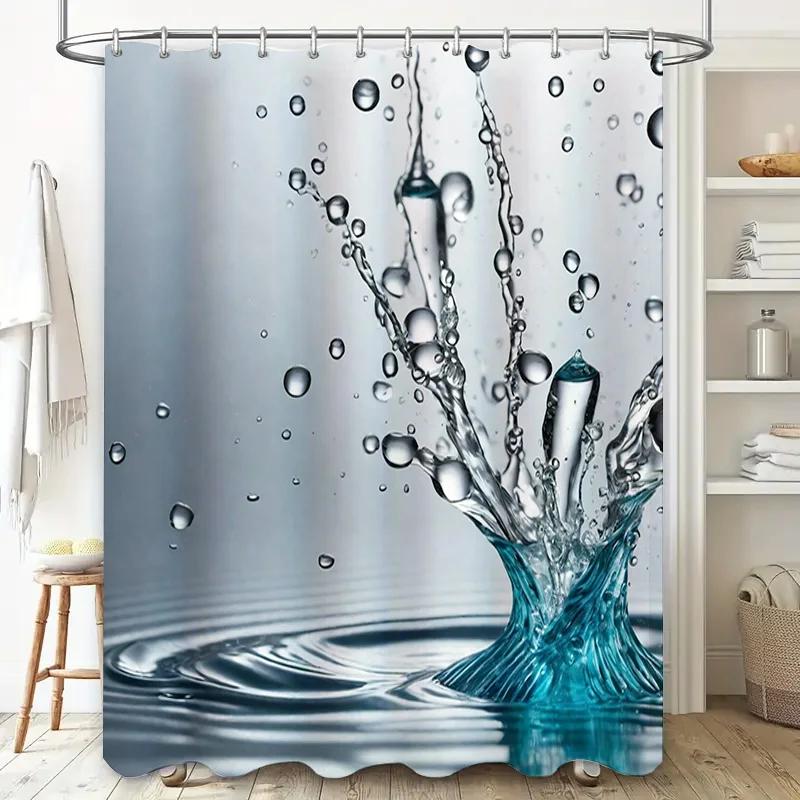 3D Waterproof Shower Curtain Splash Print Bathroom Decor for Home Decoration, Polyester Material Water Splashing Pattern In Blue