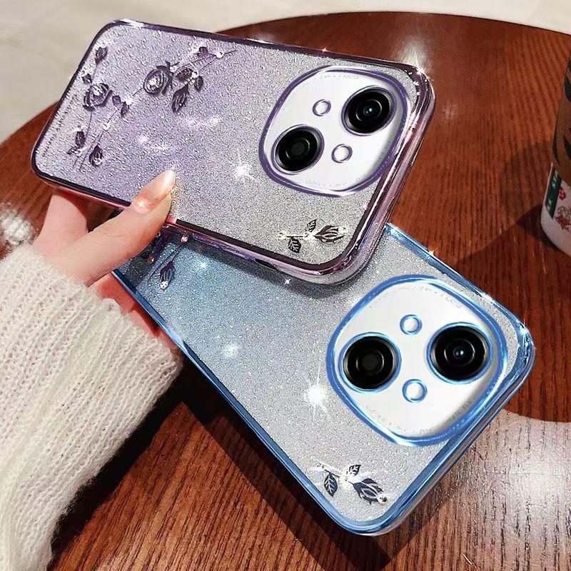 Pouzdro na telefon pro Tecno Spark Go 1 Flashově růžové Květinové Průhledné Ochrana proti nárazům Luxusní Diamantový Třpytivý Ochranný Kryt