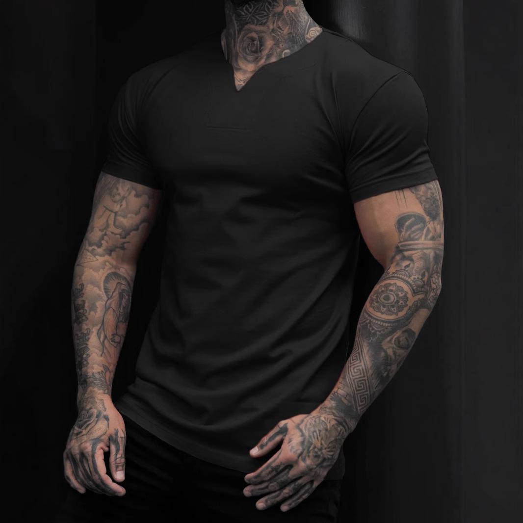 

Men S Summer Sports, Fitness, And Leisure V-Neck Elastic Solid Color Large Short Sleeve T-Shirt For Men S чорний
